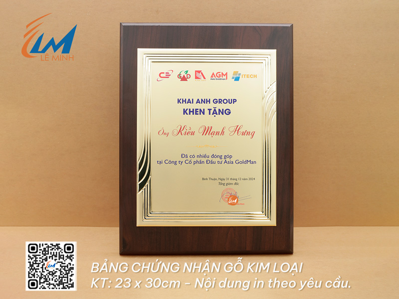 BẢNG CHỨNG NHẬN GỖ MẶT KIM LOẠI